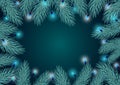 Winter border frame background template with blue pine twigs branches and festive hanging light bulbs