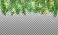 Winter border with green fir branches, gold stars, snowflakes and lights isolated on transparent background Royalty Free Stock Photo