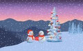 Winter boxing day with snowmen. Evening twilight with snowman family in santa hat, distant mountains, decorated Royalty Free Stock Photo