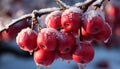 Winter branch with close up snow, season fruit, and tree generated by AI Royalty Free Stock Photo