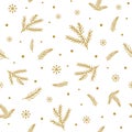 Winter branch seamless pattern Gold snowflakes golden fir branches Forest Christmas background Vector Royalty Free Stock Photo