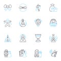 Winter break linear icons set. Skiing, Snowboarding, Hot cocoa, Fireplaces, Hygge, Family, Friends line vector and