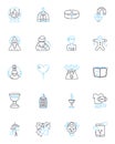 Winter break linear icons set. Skiing, Snowboarding, Hot cocoa, Fireplaces, Hygge, Family, Friends line vector and