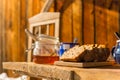 Winter breakfast outside wooden cottage