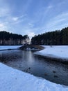 winter bridge waterfall lake ducks duck sky snow drifts forest nature winter Royalty Free Stock Photo