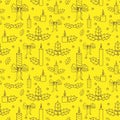 Winter bright seamless pattern. Outlines of Christmas items on a yellow background