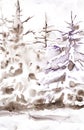 Winter brown landscape of snowy forest. Hand drawn watercolor illustration