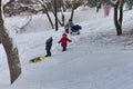 Winter landscape. Winter, snow and Siberian frost in Bucharest, Romania. Children in the park