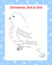 Winter bullfinch bird dot to dot fun educational game or leisure worksheet, outline doodle vector illustration, winter holiday