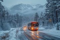 Winter bus ride road safety on snow covered route with rocks and pine trees along the way