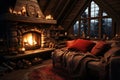 Winter cabin coziness Roaring fireplace, flannel blankets in cozy interior Royalty Free Stock Photo
