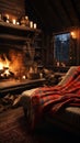 Winter cabin coziness Roaring fireplace, flannel blankets in cozy interior Royalty Free Stock Photo