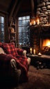 Winter cabin coziness Roaring fireplace, flannel blankets in cozy interior Royalty Free Stock Photo