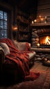 Winter cabin coziness Roaring fireplace, flannel blankets in cozy interior Royalty Free Stock Photo