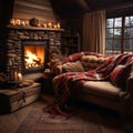 Winter cabin coziness Roaring fireplace, flannel blankets in cozy interior Royalty Free Stock Photo