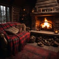 Winter cabin coziness Roaring fireplace, flannel blankets in cozy interior Royalty Free Stock Photo