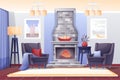 Winter cabin with fireplace interior design background. Vacation at ski resort vector illustration. Modern apartment Royalty Free Stock Photo