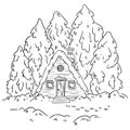 Winter cabin log scene for coloring. Vector hand-drawn illustration