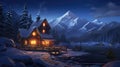 Winter cabin in the mountains with a fire, AI