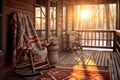 winter cabin porch with rocking chair and blanket Royalty Free Stock Photo