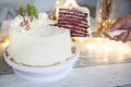 Winter cake with white cream decorated with gold hazelnuts, confectionery sprinkles and green New Year trees