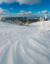 Winter calm mountain landscape with beautiful frosting trees and snowdrifts on slope Carpathian Mountains, Ukraine, Trostian Royalty Free Stock Photo