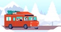Winter camp car. Christmas outdoor family travel, trailer on road. Holiday travellers driving on snow mountain landscape