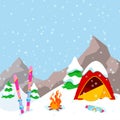 Winter Camp Mountains Landscape with Tent, Fireplace and Skiing Equipment