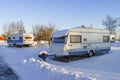 Winter camping caravans at a campsite