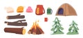 Winter Camping Items. Campfire, Woods And Brushwood, Spruces, Cold-weather Tent, Thermal Clothing, Backpack