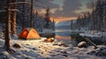 Winter camping: A lone tent amid snow-covered trees and a frozen lake, with a cozy campfire glow