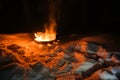 Winter campsite fire burning at night