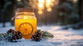 Winter candle in glass jar, snow, pine cones, sunset forest Royalty Free Stock Photo