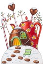 Winter Candy Cane and Teapot House with berries and candies