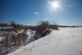 The winter canyon with snow and footsteps