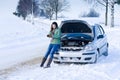 Winter car breakdown - woman call for help Royalty Free Stock Photo