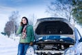 Winter car breakdown - woman call for help Royalty Free Stock Photo