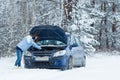 Winter car breakdown - woman call for help. Royalty Free Stock Photo