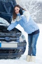 Winter car breakdown - woman call for help. Royalty Free Stock Photo
