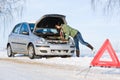 Winter car breakdown - woman repair motor Royalty Free Stock Photo