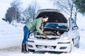 Winter car breakdown - woman repair motor Royalty Free Stock Photo