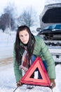Winter car breakdown - woman warning triangle Royalty Free Stock Photo