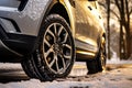 Winter car tire. Snow driving equipment. Generative Ai Royalty Free Stock Photo