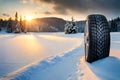 Winter car tyre with sunset and evening background Ai generated