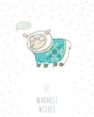 Winter card with cute sheep in knitted sweater