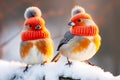 Winter card with cute two bullfinches birds in knitted hats on snowy branch on gradient winter background