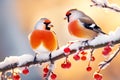 Two bullfinches birds on snowy ashberry branche with berry on gradient winter background Royalty Free Stock Photo