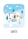 Winter card design. Winter landscape. Cartoon vector hand drawn eps 10 illustration. Royalty Free Stock Photo