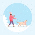 Winter card with girl and dog.