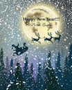 Winter card Reindeers flying over full moon. Snowy night. Happy Holidays background Vector Royalty Free Stock Photo